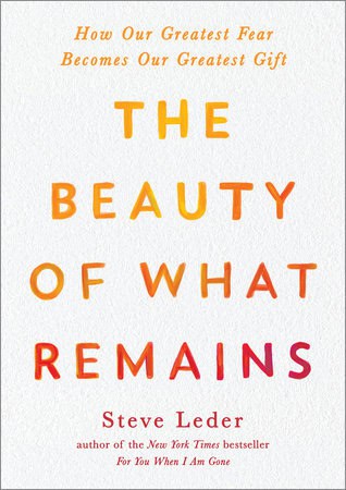 Book cover of "The Beauty of What Remains" by Steve Leder, featuring a white background with orange and gold text and a subtitle about fear becoming a gift.