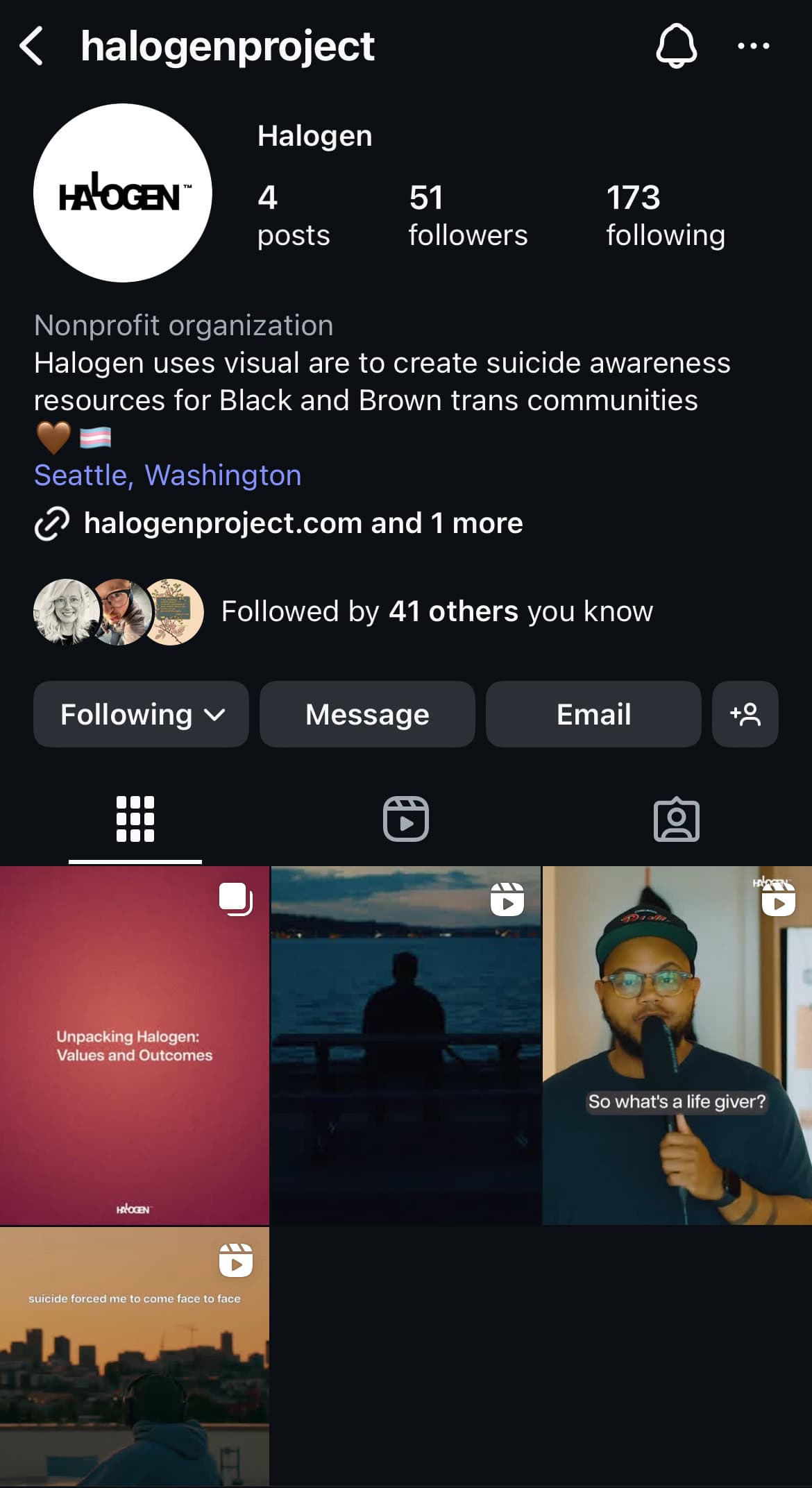 Instagram profile of halogenproject, a nonprofit for suicide awareness in Black and Brown trans communities, showing 4 posts, 51 followers, 173 following, and a 3-post grid preview.