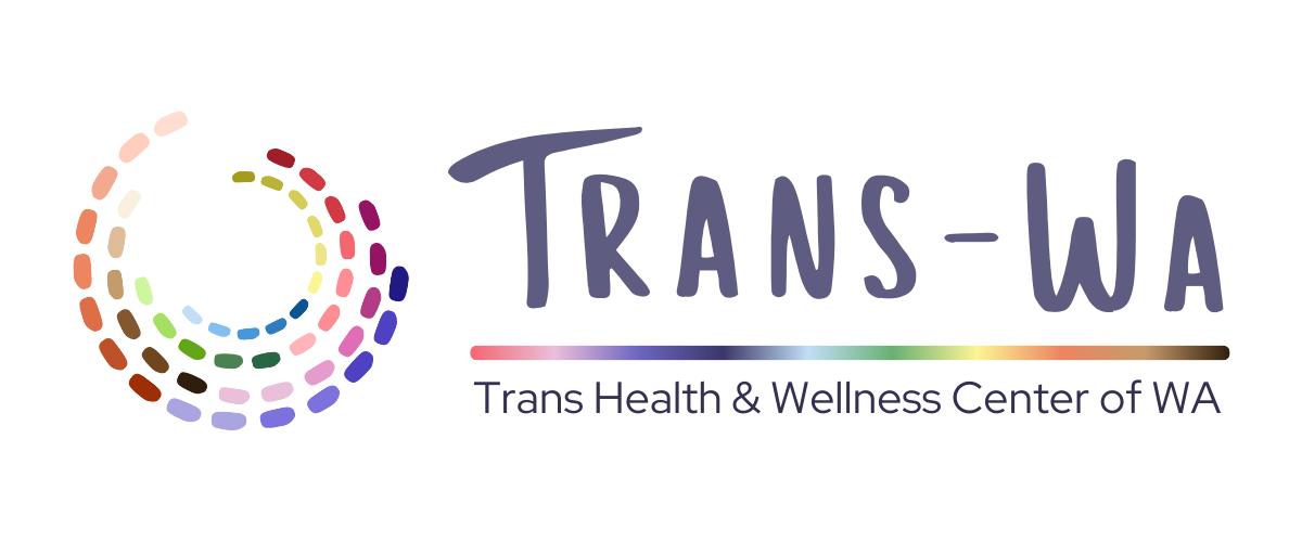 Logo for Trans-Wa, Trans Health & Wellness Center of WA, featuring a dotted circular design with a rainbow gradient line under the center’s name.