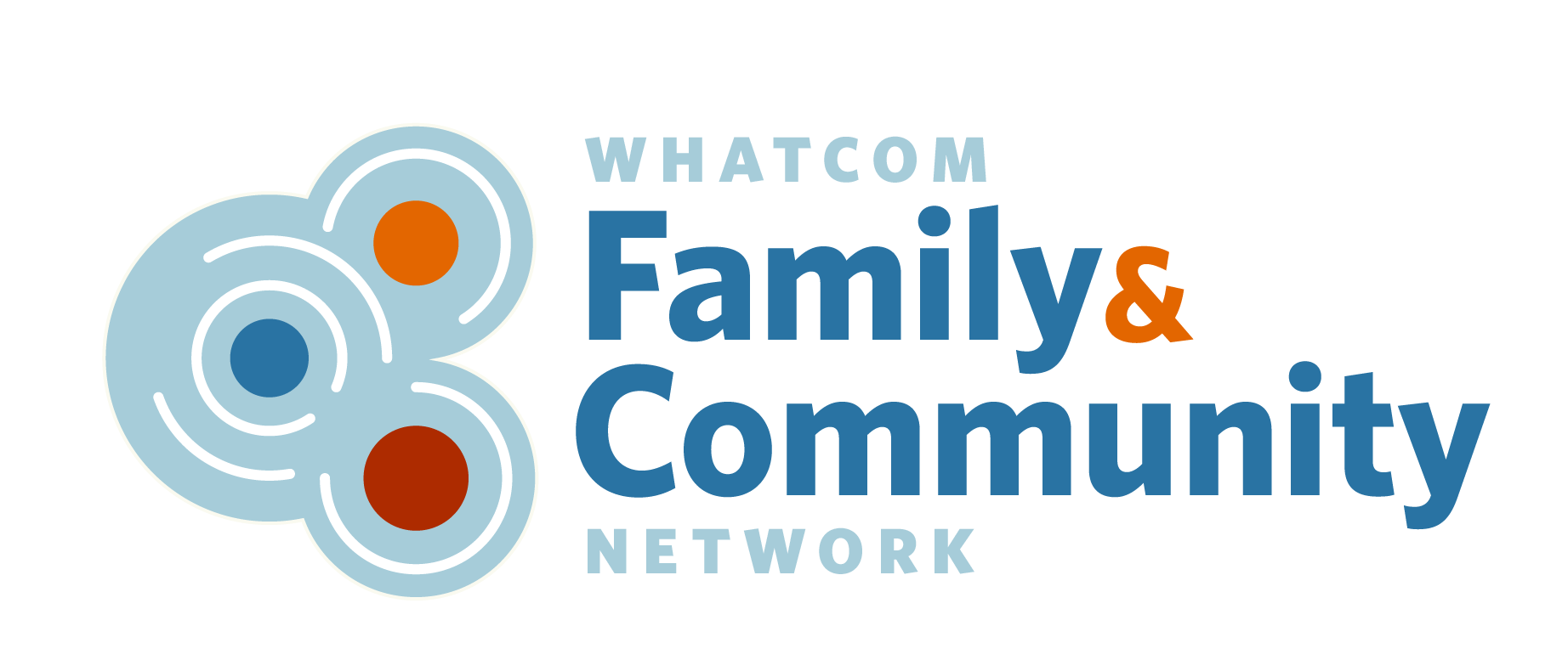 Logo for Whatcom Family & Community Network with blue and orange circular designs to the left of the organization’s name in bold blue and orange text.