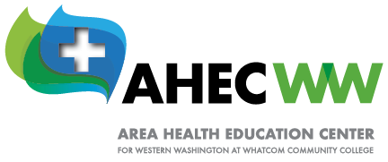 AHECWW logo with a blue and green medical cross icon and text: "AHECWW Area Health Education Center for Western Washington at Whatcom Community College.