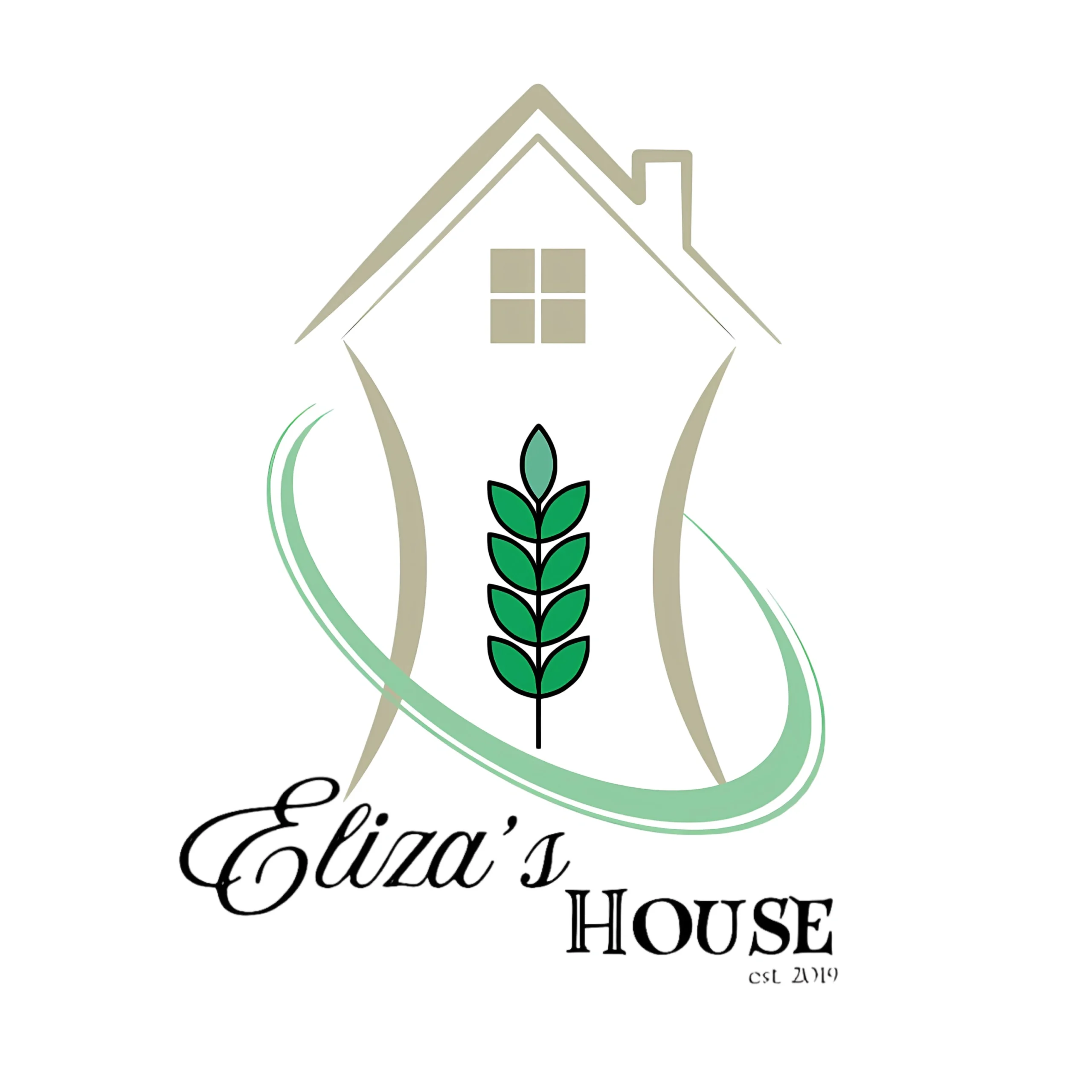 Logo featuring a stylized house outline with a green wheat stalk inside, and the text “Eliza’s House est. 2019” below in cursive and serif fonts.