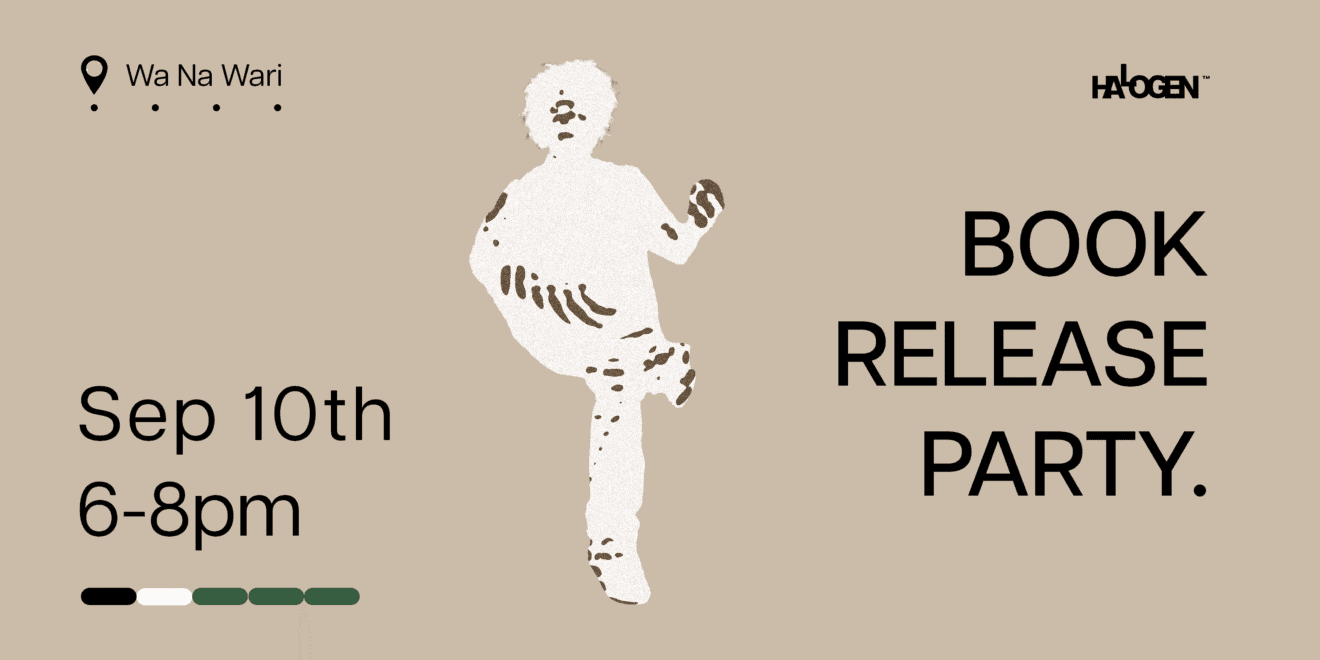 Minimalist event flyer featuring a sepia-toned silhouette of a person kicking, promoting a book release party on Sep 10th, 6–8pm at Wa Na Wari.