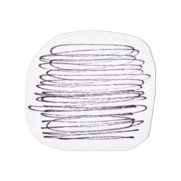 A stack of black, oval-shaped scribbles drawn on a white, roughly oval piece of paper.