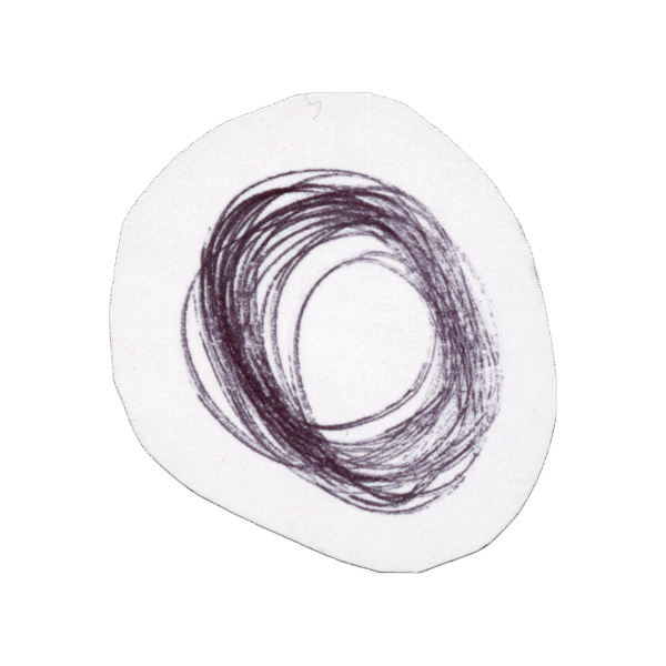 A black spiral scribble drawn on an irregularly cut white piece of paper, set against a plain light background.