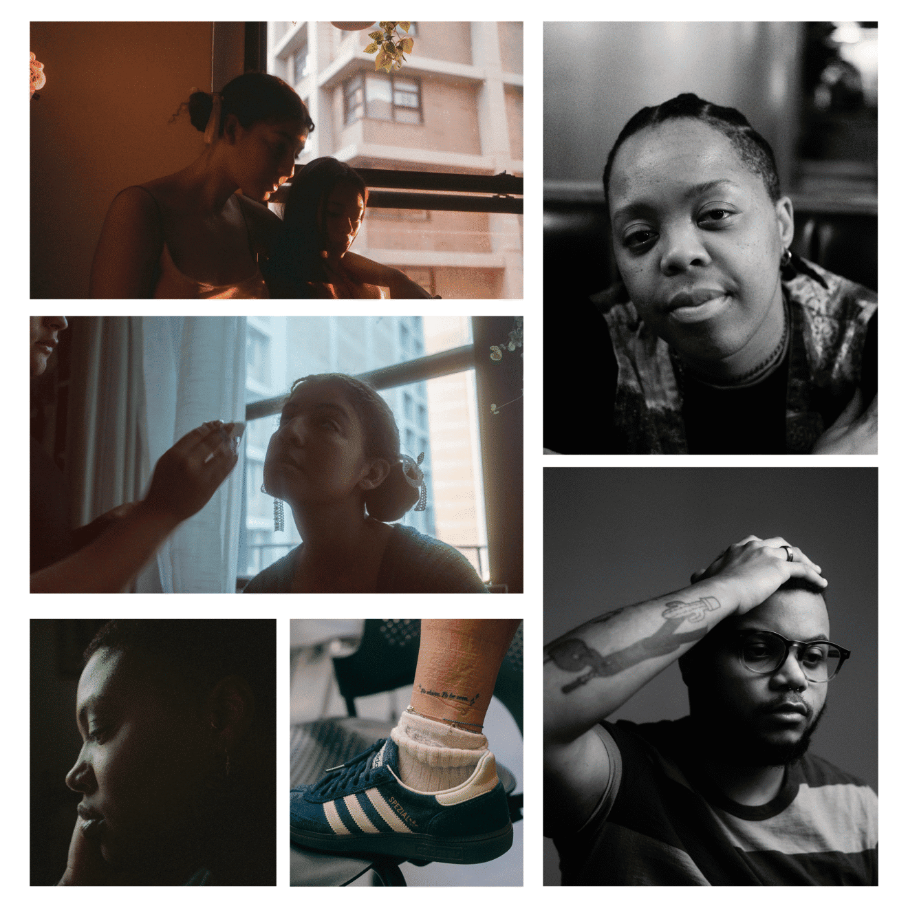 A collage of six photos showing people in various poses and moods, including close-ups, a shoe, and two people near a window. Images are in moody lighting or black and white.
