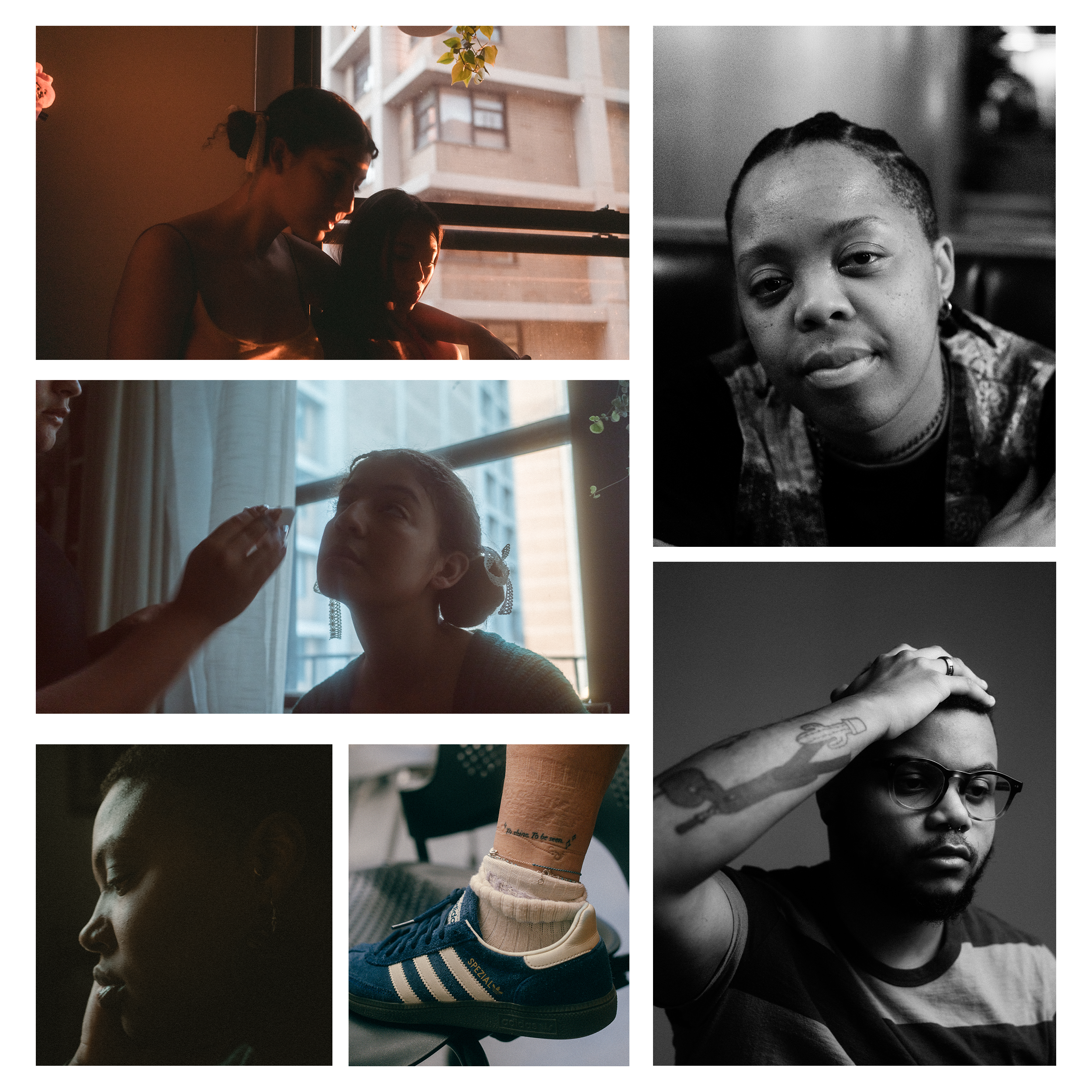 A collage of six photos showing people in various poses and moods, including close-ups, a shoe, and two people near a window. Images are in moody lighting or black and white.