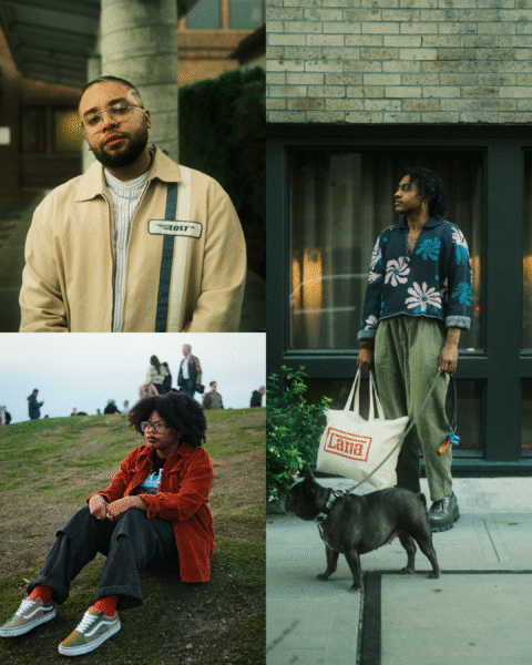 A collage of three people: a man in a beige jacket, a woman sitting on grass in a red shirt, and a person standing with a tote bag and a dog in front of a building.