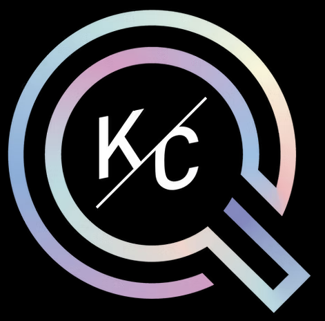 A pastel gradient magnifying glass surrounds the letters "KC" separated by a diagonal line, all on a black background.