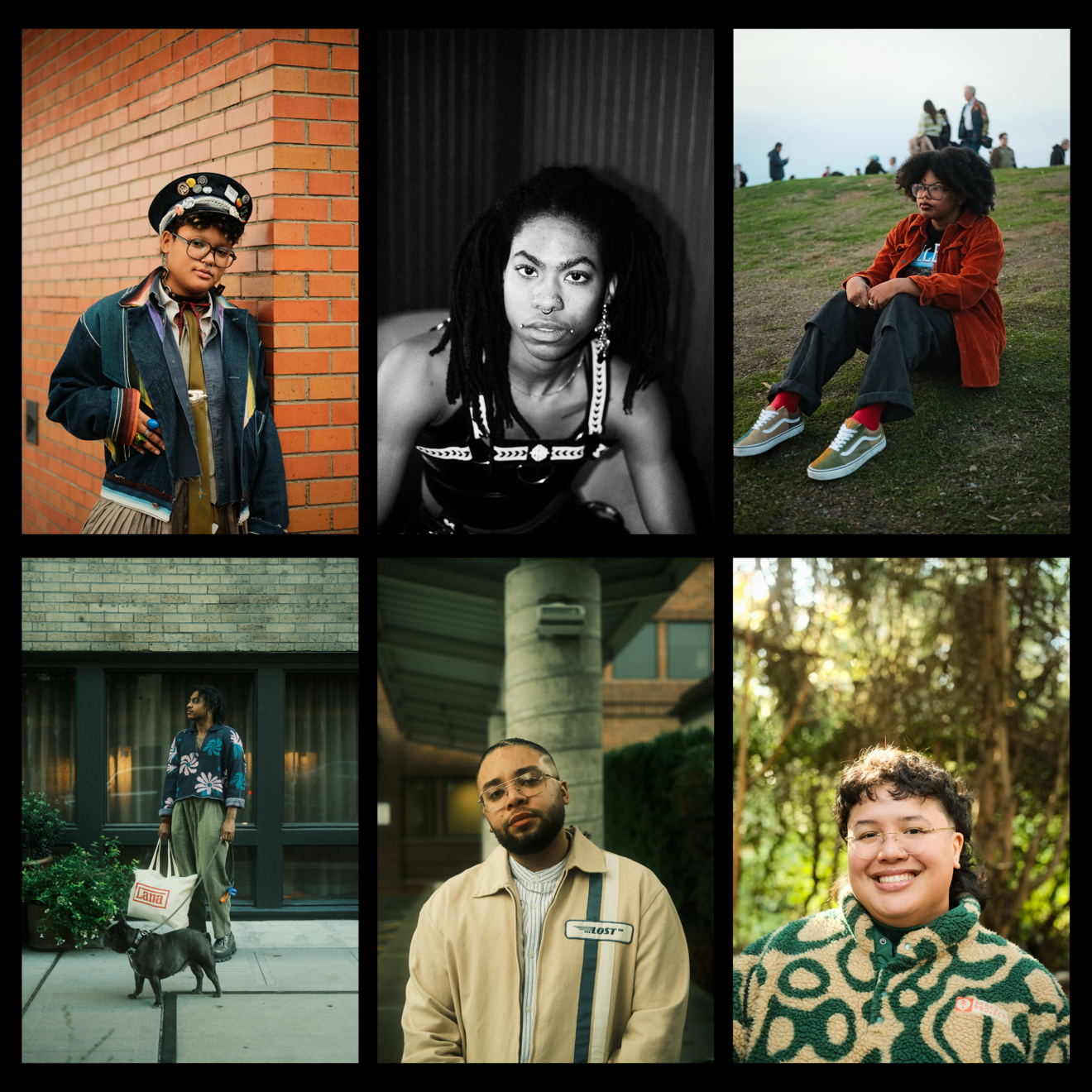 A collage of six portraits featuring diverse individuals in various outdoor and indoor settings, each displaying unique fashion styles and expressions.