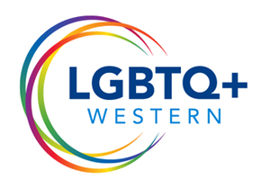 LGBTQ+ Western logo featuring bold blue text and rainbow-colored curved lines forming a circular shape around the text.