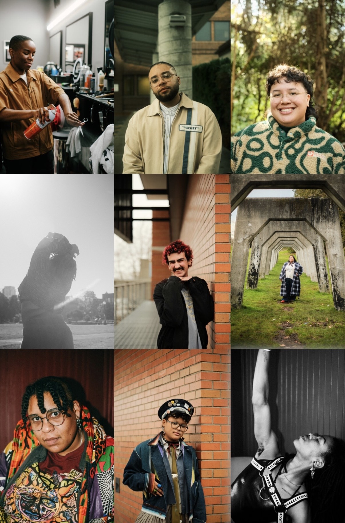 A 3x3 grid of diverse individuals posing in various indoor and outdoor settings, each expressing distinct personal styles and moods.
