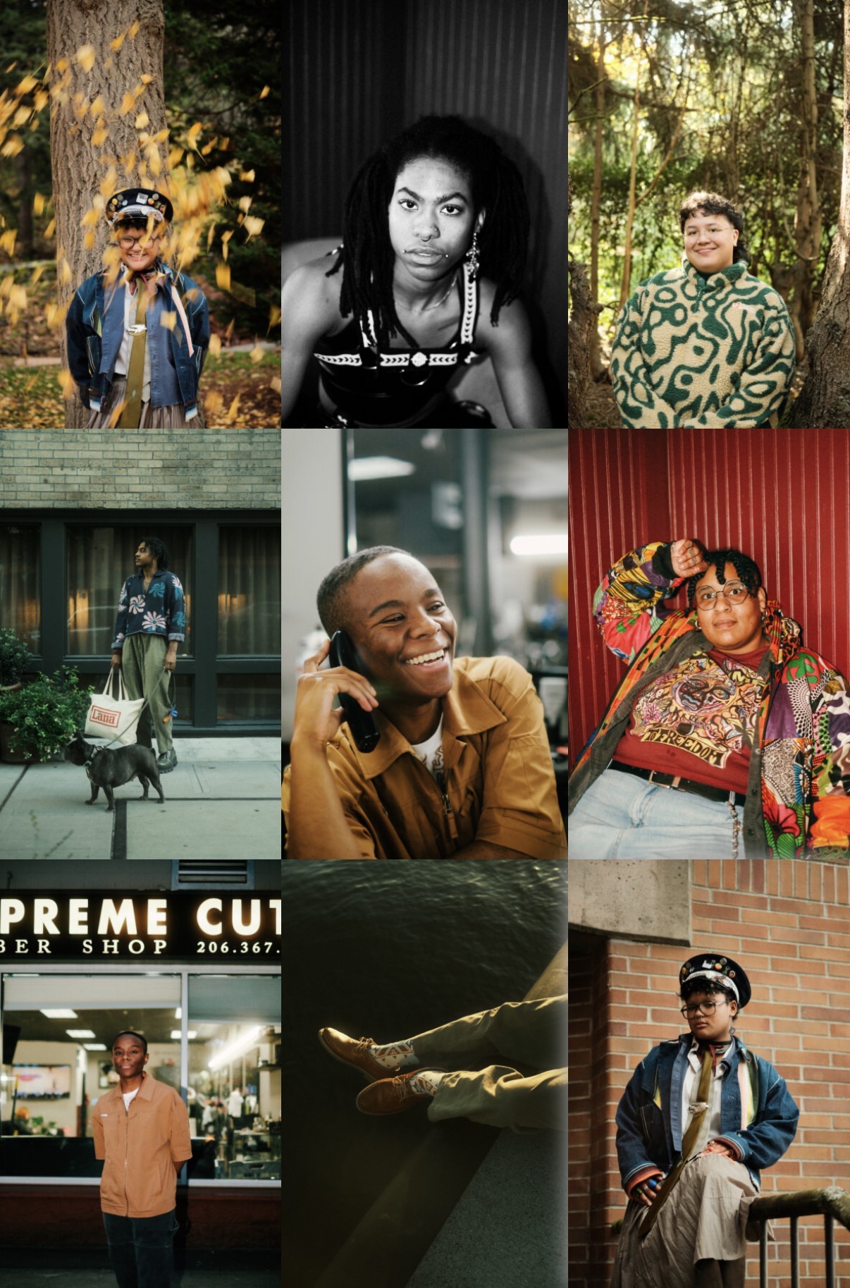 A collage of nine portraits showing diverse individuals in various indoor and outdoor settings, including standing, sitting, smiling, and posing in different outfits and environments.