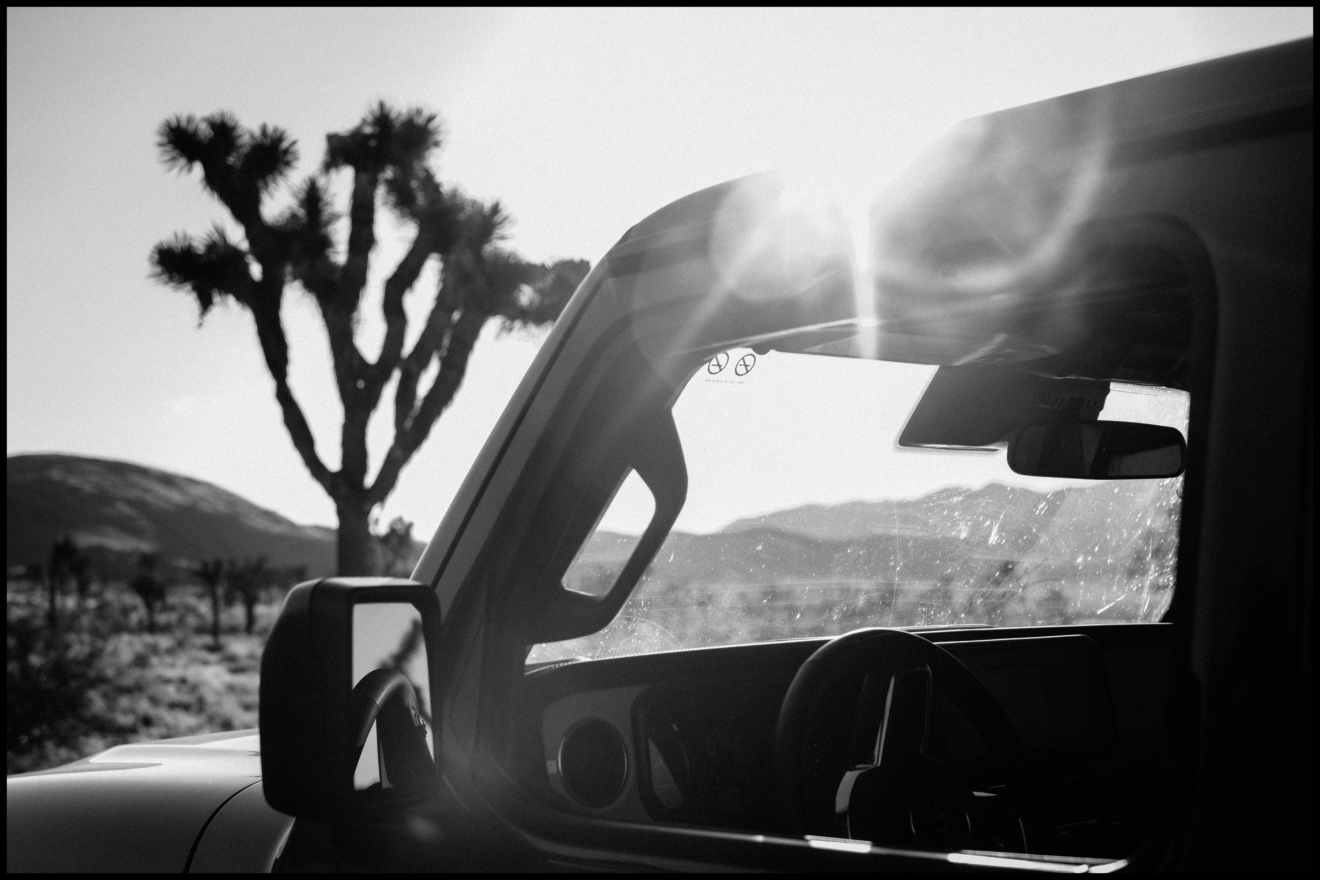 Black and white photo of a parked vehicle with sunlight streaming through the windshield, a Joshua tree, and desert landscape in the background.
