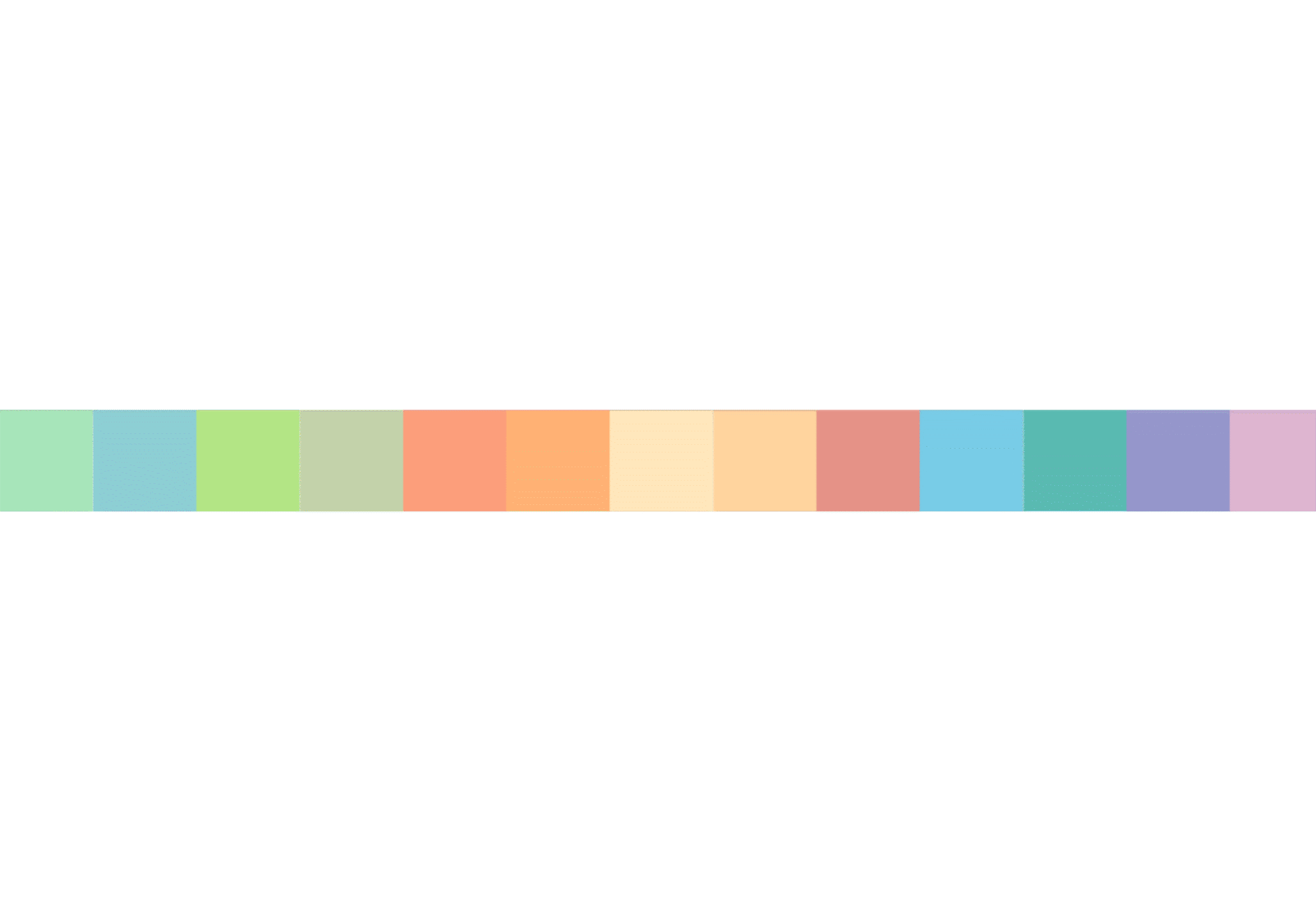 halogen color bar homepage A horizontal row of fifteen adjacent rectangles, each a different color, arranged in a gradient sequence from green to blue.